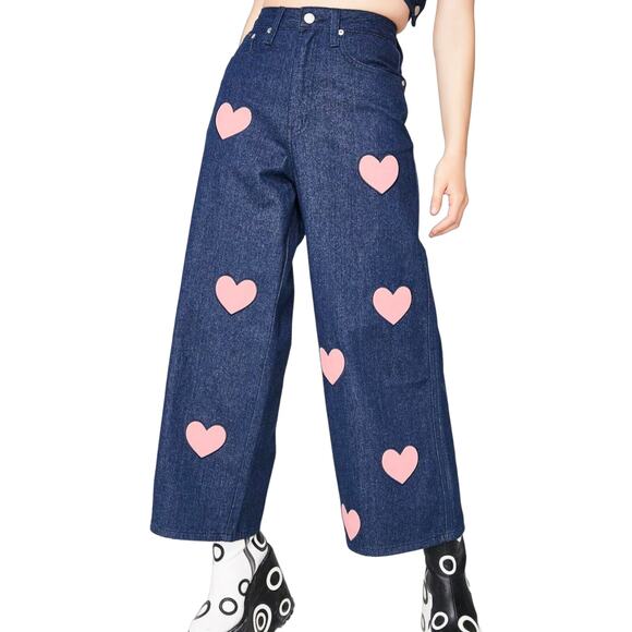 LAZY OAF Women's wide leg Pink Hearts Cut out Denim Jeans Size 26 - Picture 1 of 11